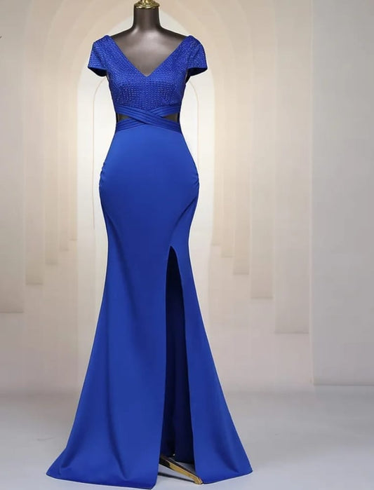 Blue Beaded Evening Dress with Capped Sleeves