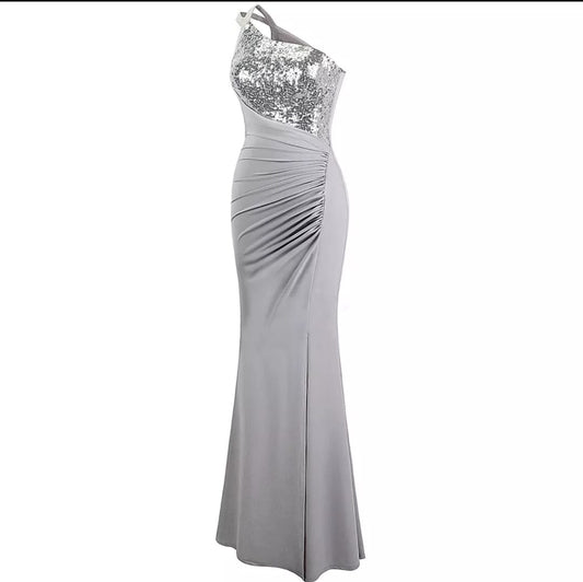 Grey One Shoulder long Pleated Evening Dress