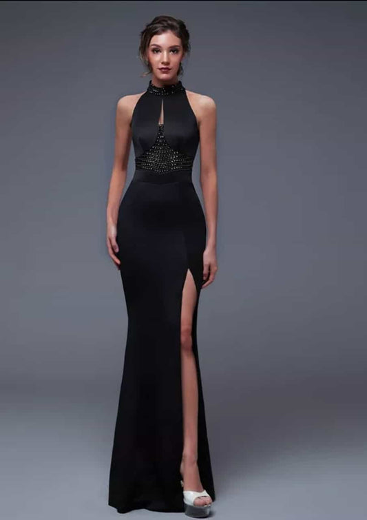 Black open back sleeveless Flour- Length Evening Dress.