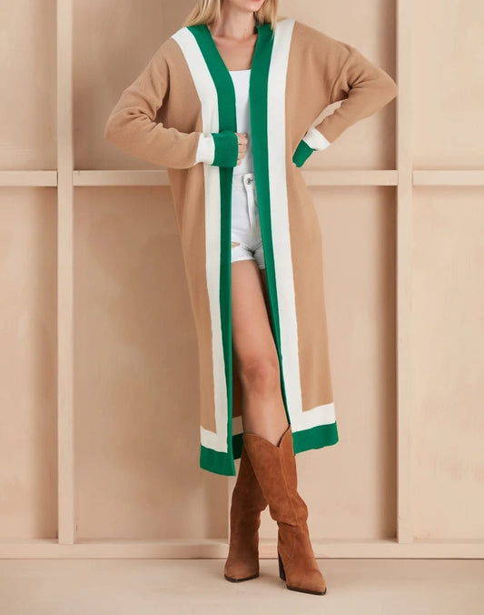 Beige and Green Longline color block  BFB  Cardigan