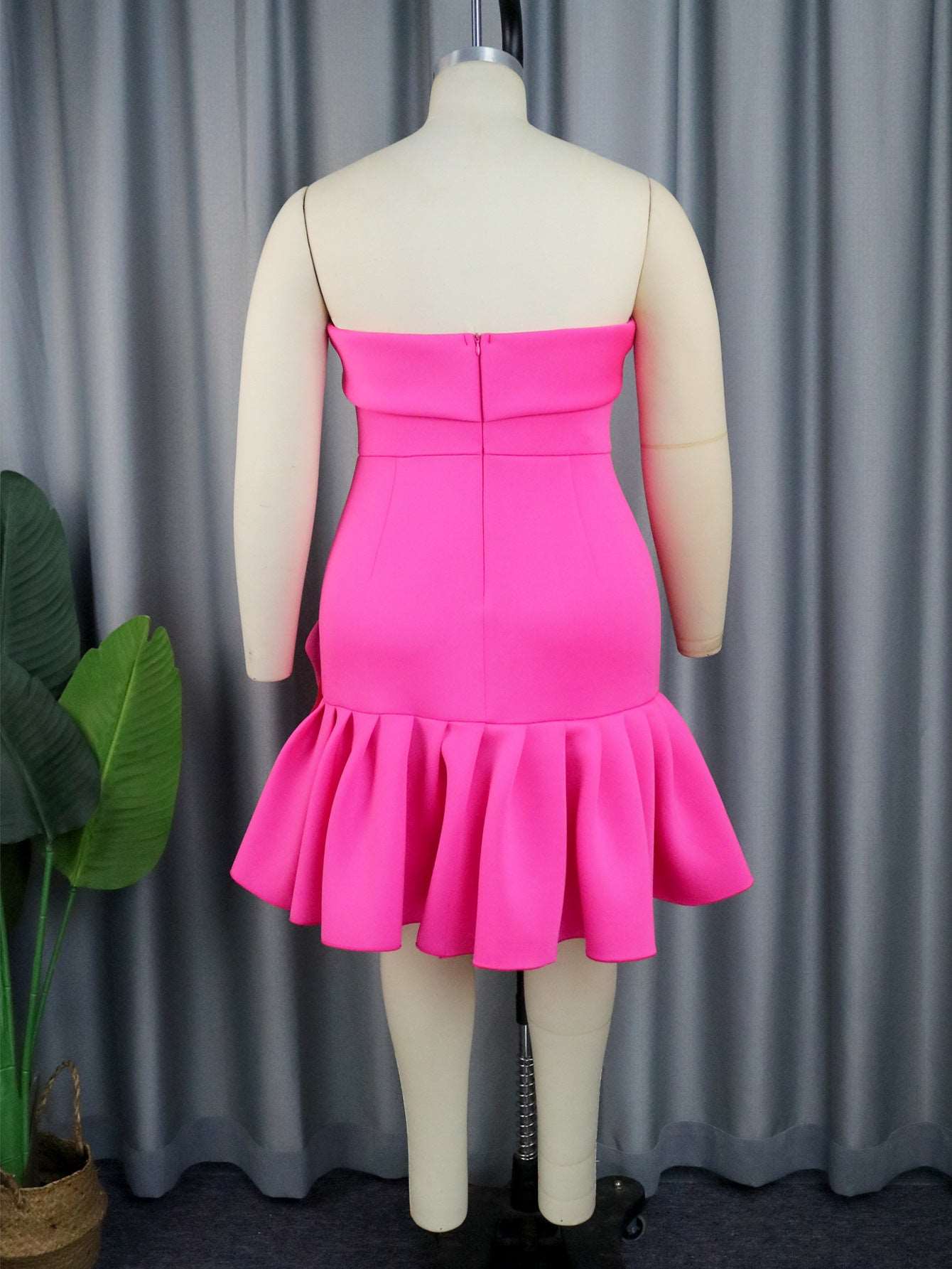 Hot Pink Strapless Flower Ruched mini Dress