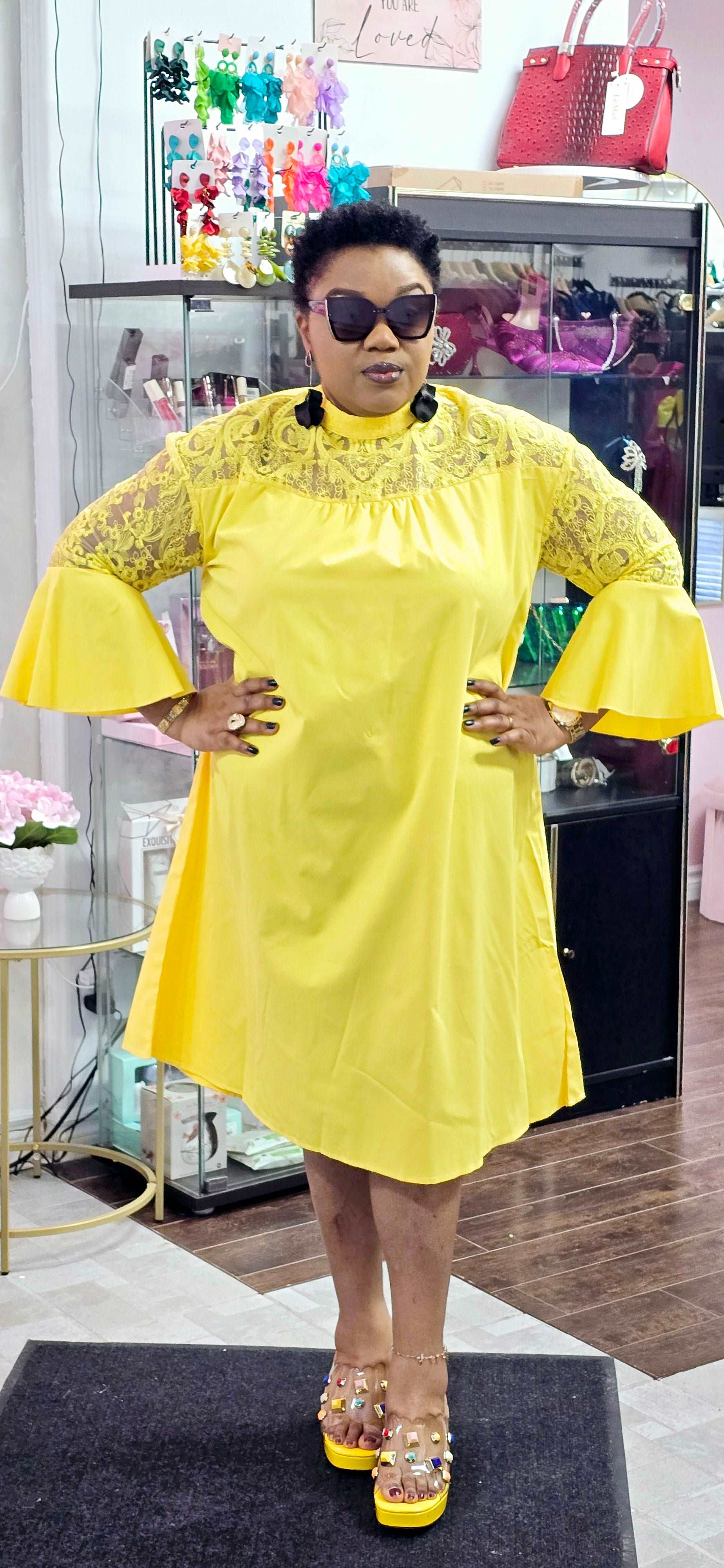 Yellow Butterfly Sleeves Lace Dress