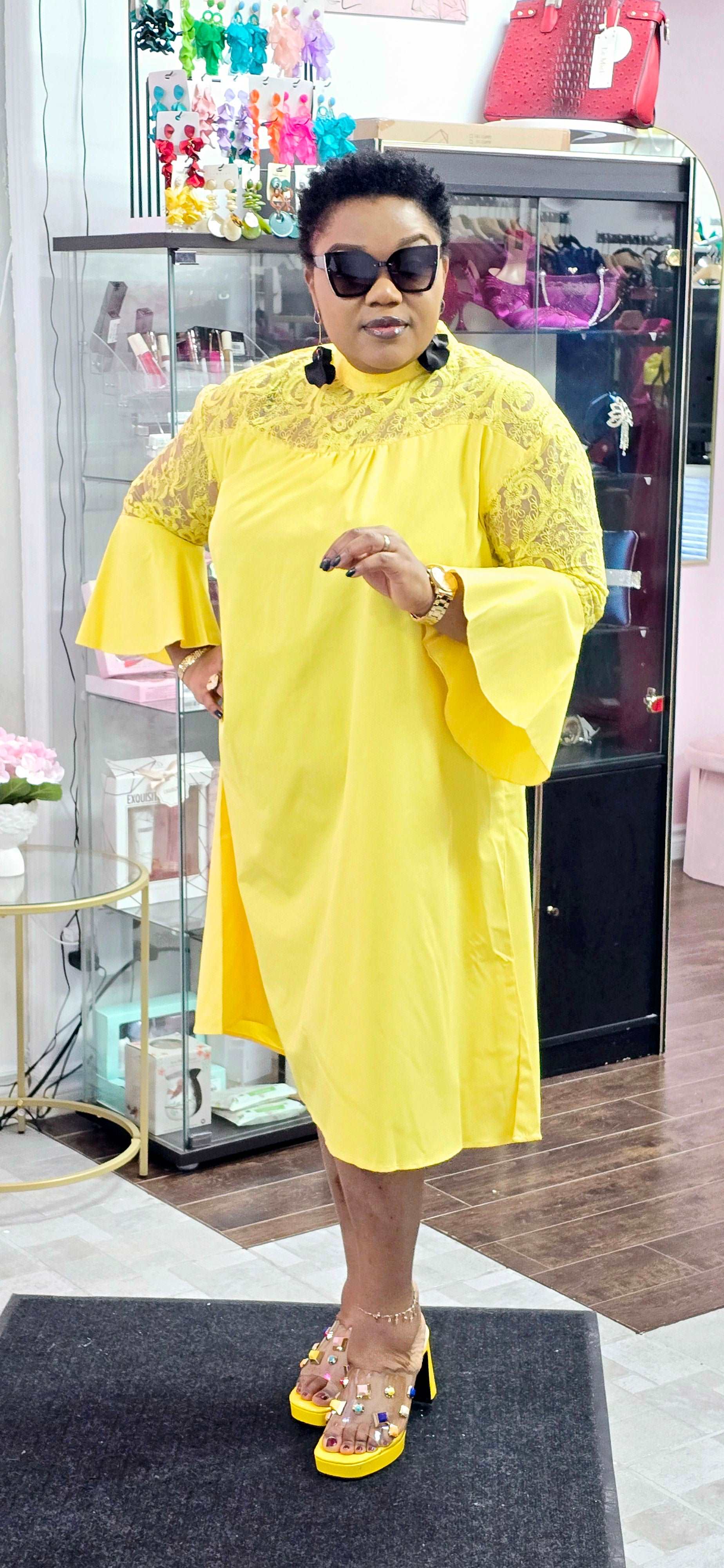 Yellow Butterfly Sleeves Lace Dress