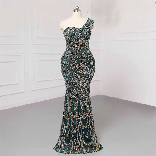 One-Shoulder Green or White sequin evening dress