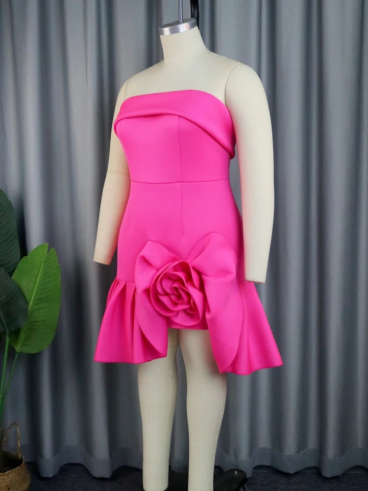 Hot Pink Strapless Flower Ruched mini Dress