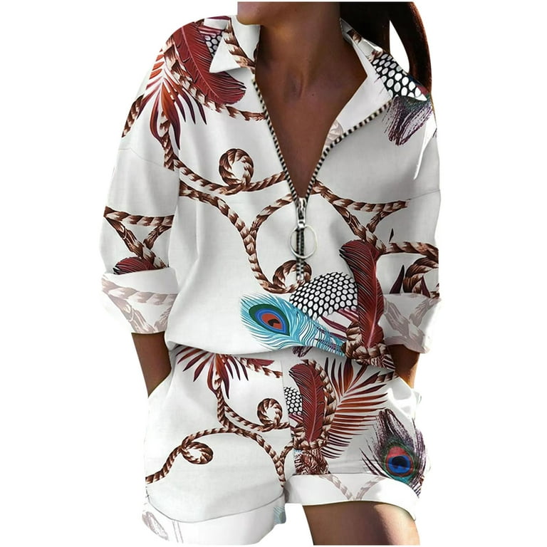 V-Neck Zipper Long Sleeve Women shirt & Pocket design Shorts Set