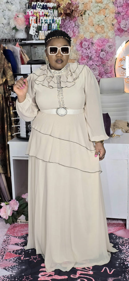 Long Champaign Evening Dress With Matching Belt