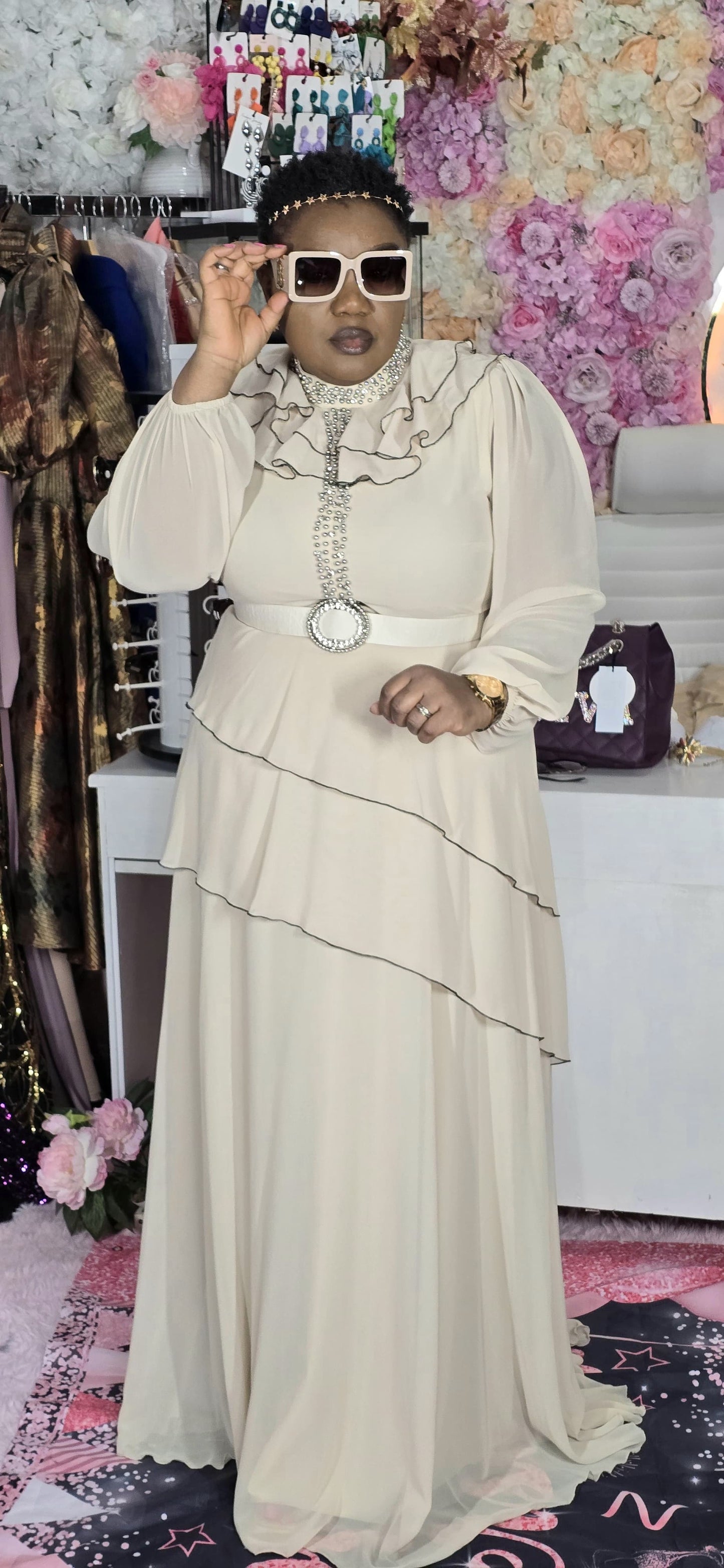 Long Champaign Evening Dress With Matching Belt