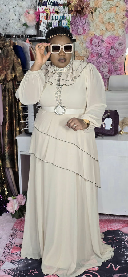 Long Champaign Evening Dress With Matching Belt
