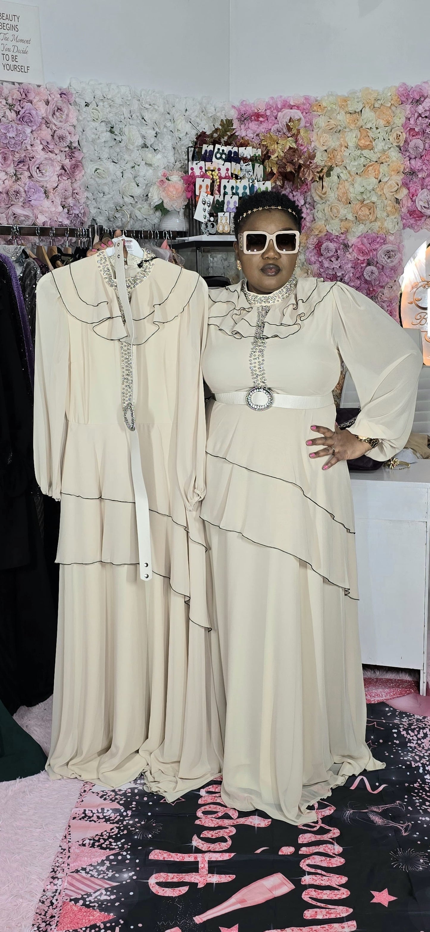 Long Champaign Evening Dress With Matching Belt