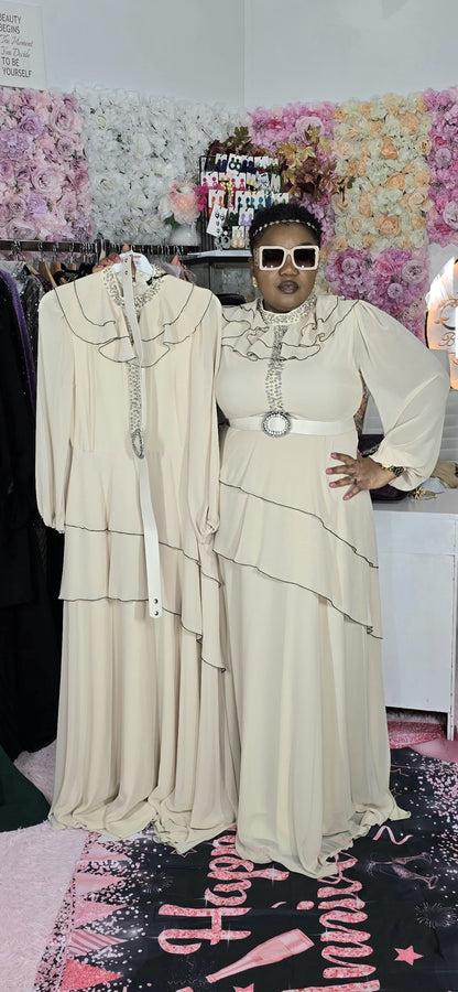 Long Champaign Evening Dress With Matching Belt