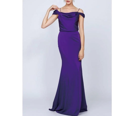 Purple Draped off-shoulder evening gown.