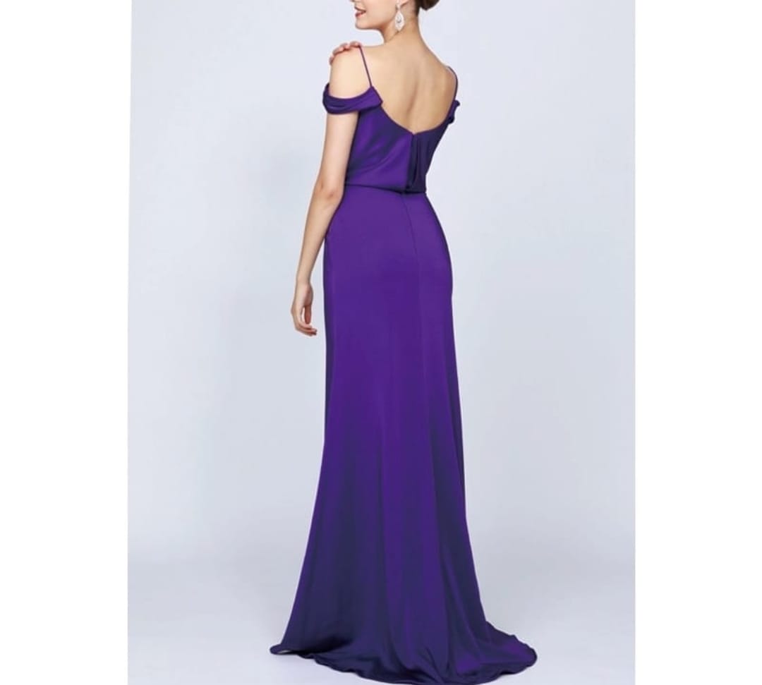 Purple Draped off-shoulder evening gown.