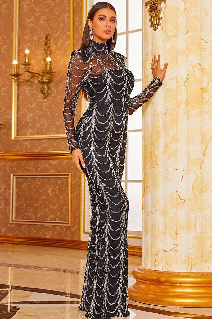 Black & Silver High Neck Wave Elegant Long sleeve Dress
