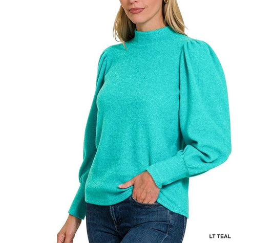 Teal Melange Hacci Puff Sleeve Mockneck Sweater