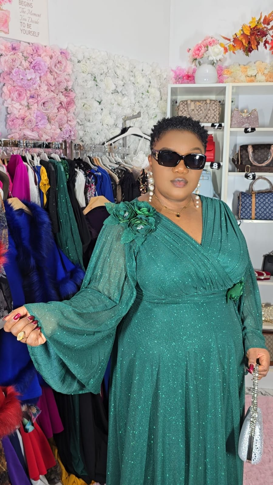 Green Evening Dress with Butterfly Sleeves