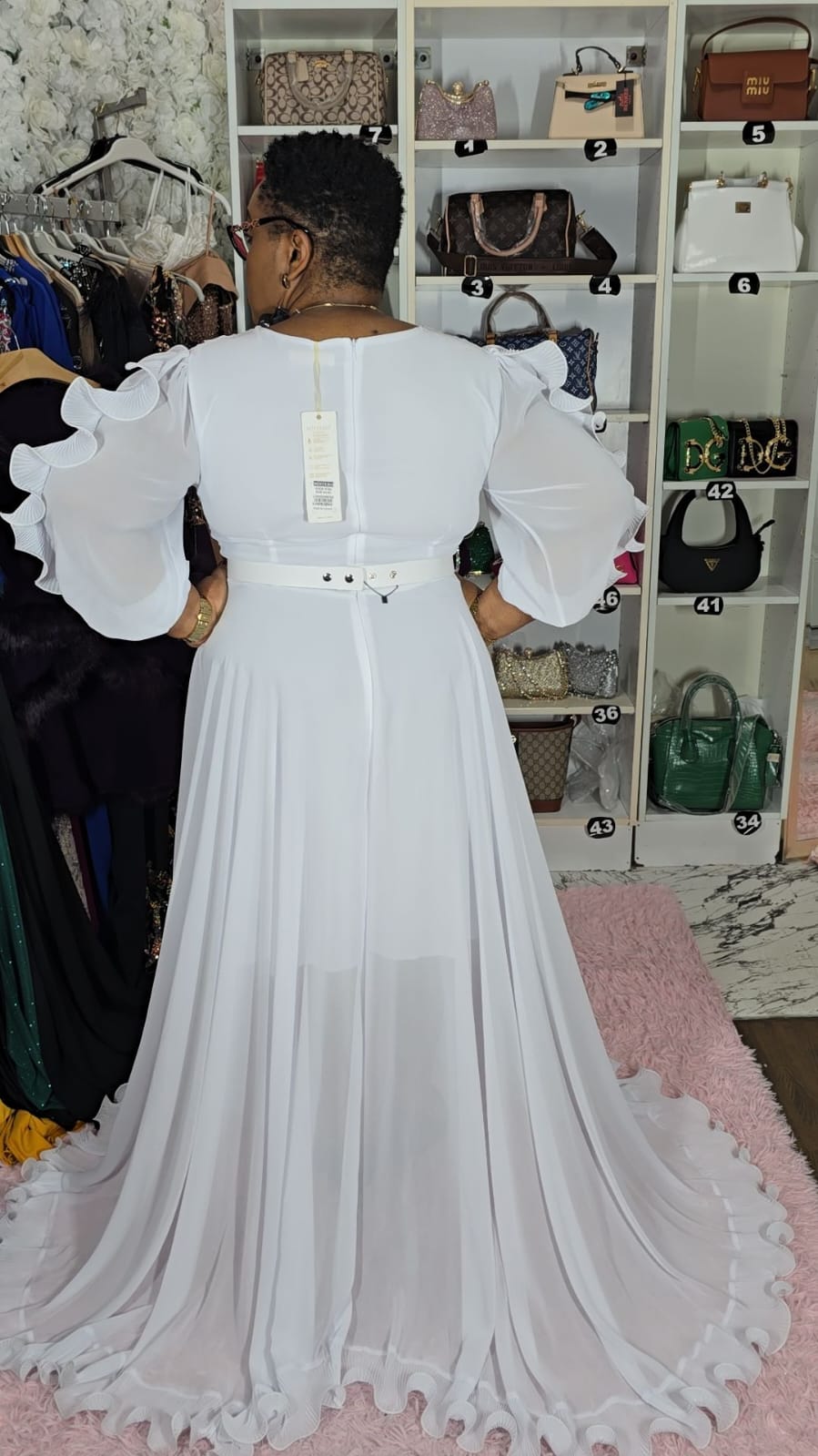 White Long Ruffled Evening Dress