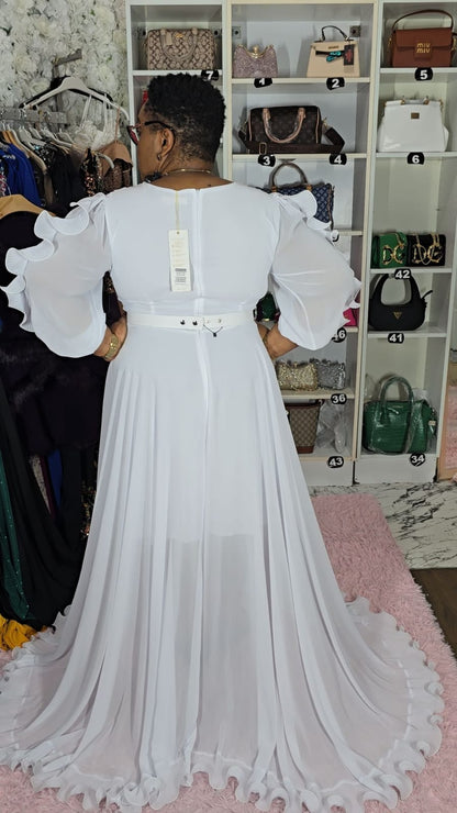 White Long Ruffled Evening Dress