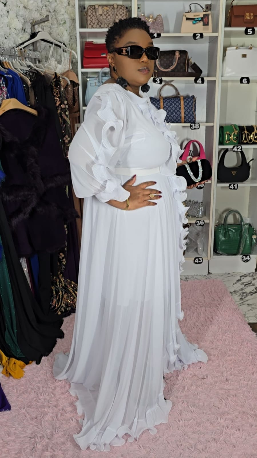 White Long Ruffled Evening Dress