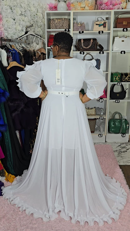 White Long Ruffled Evening Dress