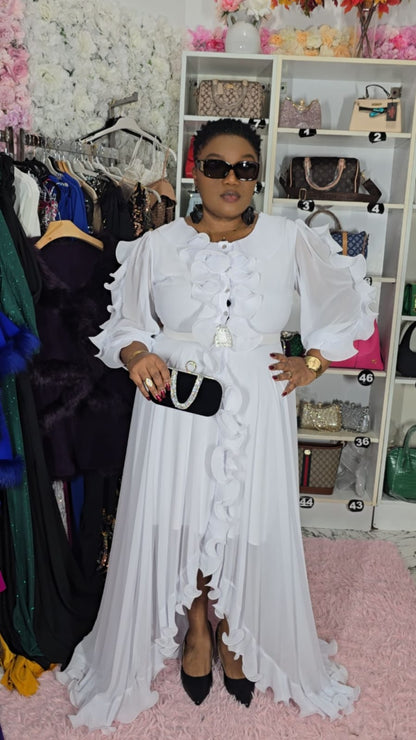 White Long Ruffled Evening Dress