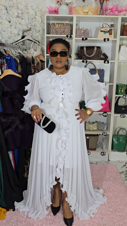 White Long Ruffled Evening Dress