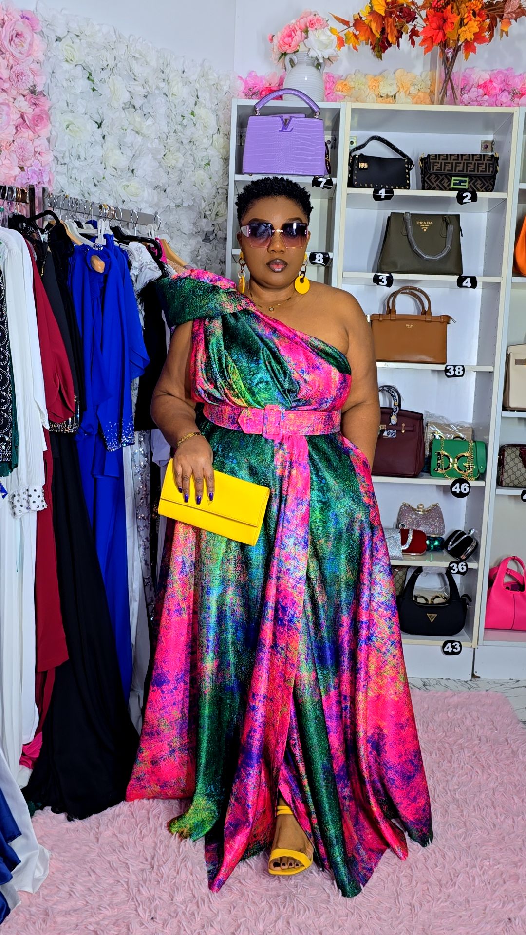 Multicolor One-Shoulder Evening Dress.