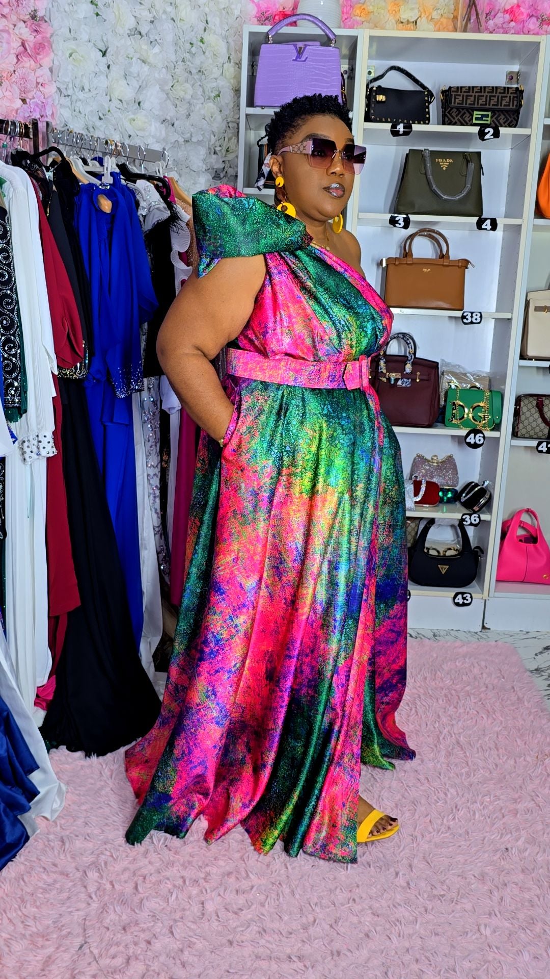 Multicolor One-Shoulder Evening Dress.