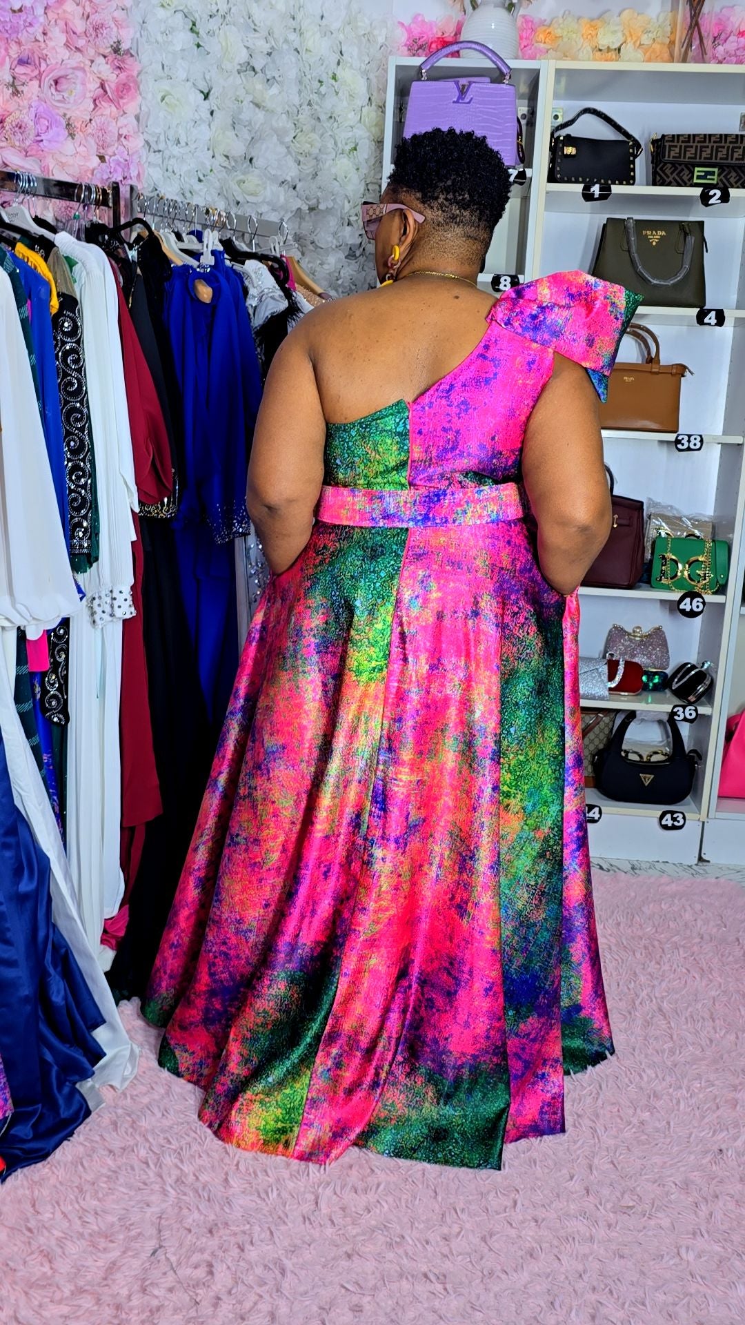 Multicolor One-Shoulder Evening Dress.