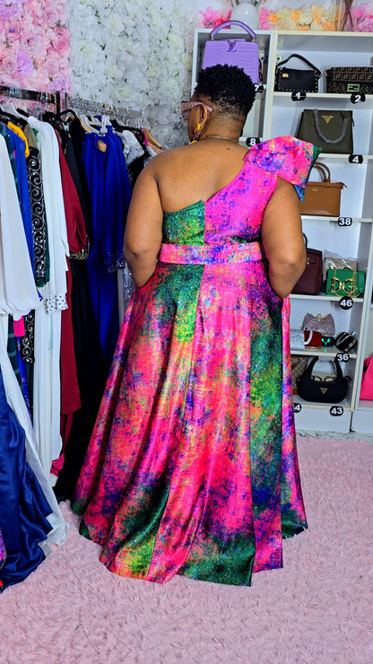 Multicolor One-Shoulder Evening Dress.