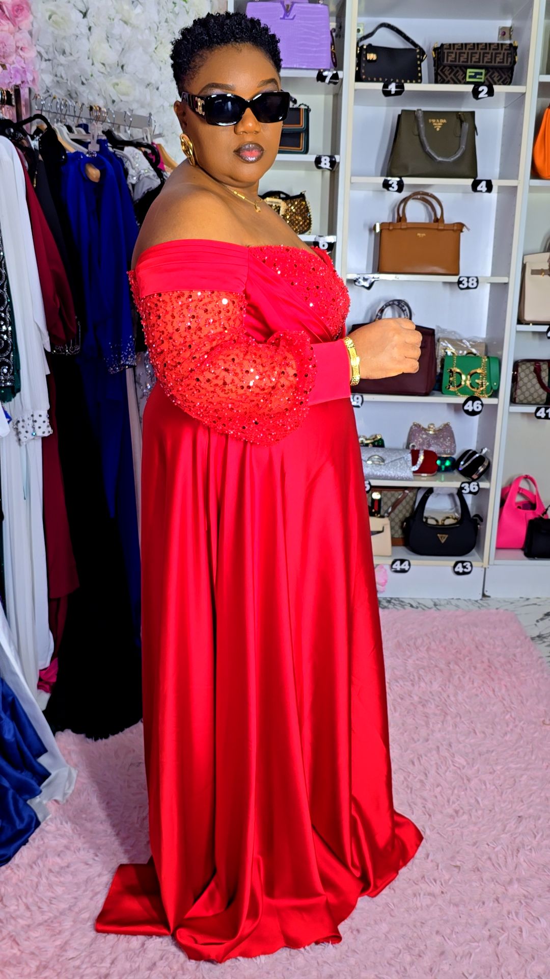 Red Off-Shoulder Neckline Evening Dress.