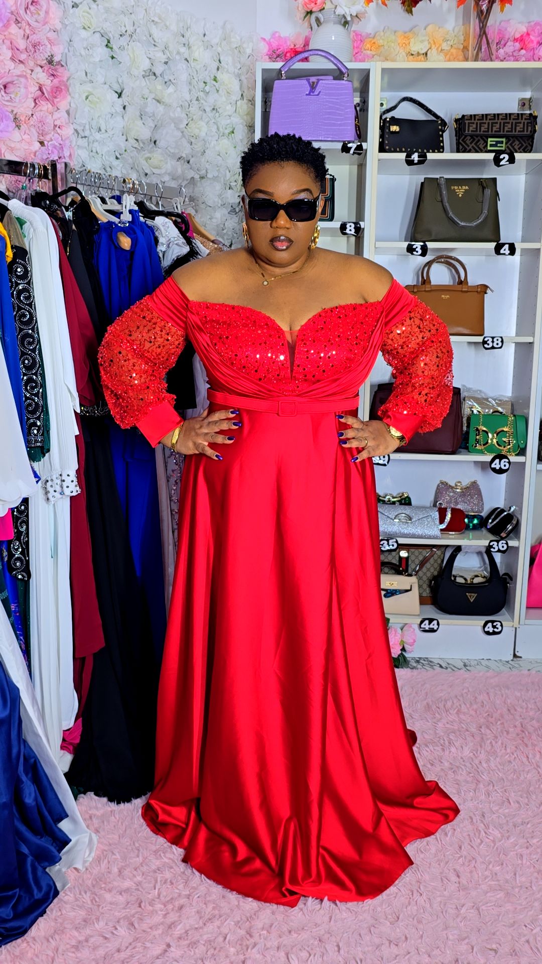 Red Off-Shoulder Neckline Evening Dress.