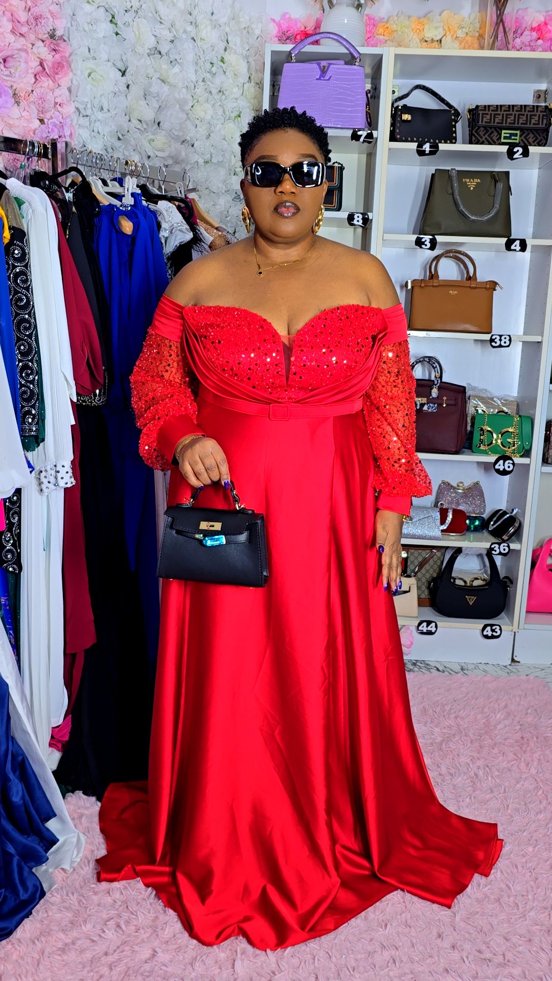 Red Off-Shoulder Neckline Evening Dress.