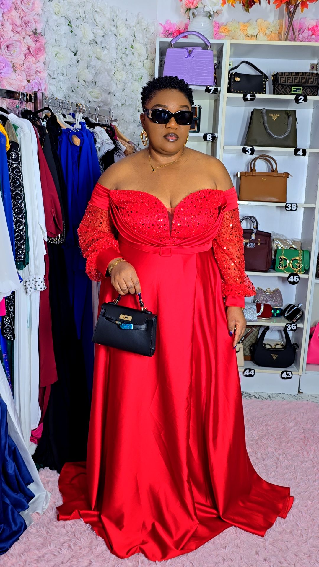 Red Off-Shoulder Neckline Evening Dress.