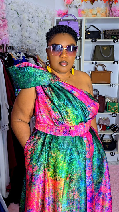 Multicolor One-Shoulder Evening Dress.