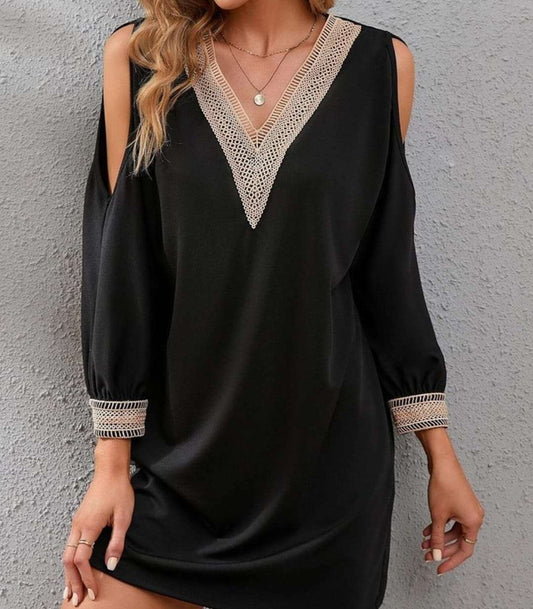 Black & Beige Lace-Accent Cold-Shoulder V-Neck Dress