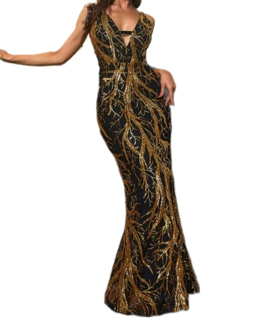 Black & Gold sequin long backless evening dress
