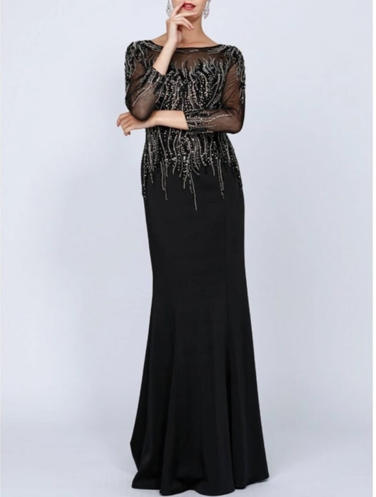 Black 3/4 Sleeve beaded long evening gown.