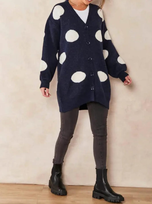 Navy and White Polka Dot Sweater Cardigan.