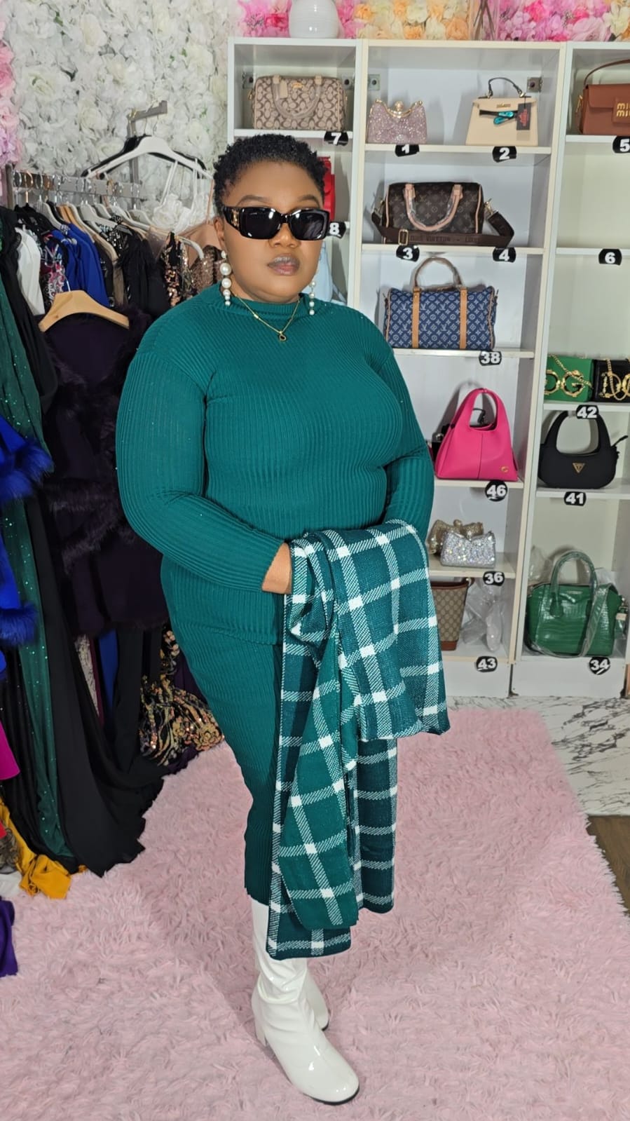 Green and White Sweater Dress Set