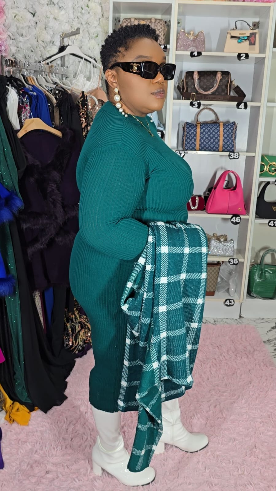 Green and White Sweater Dress Set