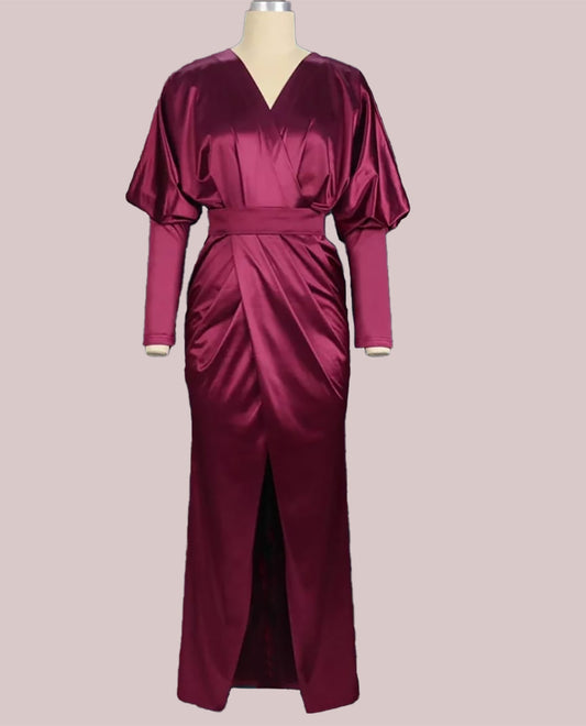 Classy V Neck Silk-like, Long Lantern Sleeves High Waist Slit Dress