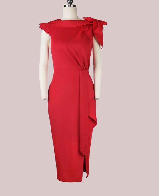 Red Sleeveless Dress with Front Slit.