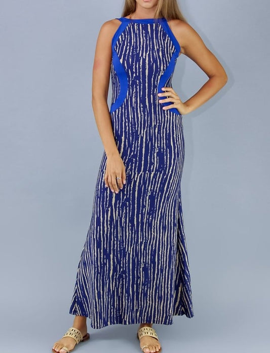 Blue and Tan Cutout Sleeveless Maxi Dress.